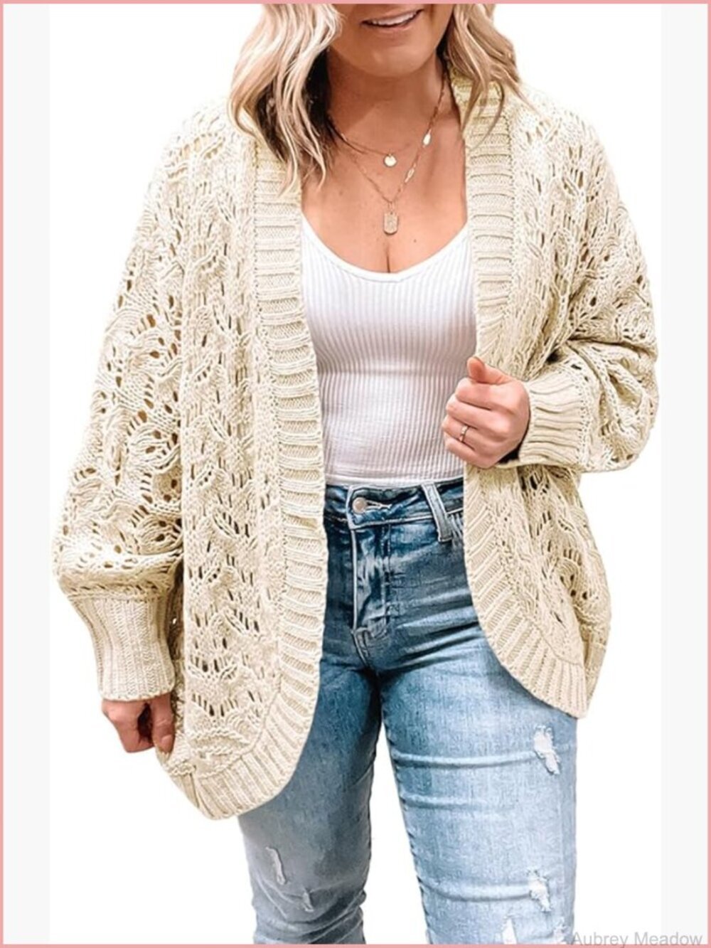 Plus Size Crochet Cardigan Sweater Long Sleeve Hollow Out Open Front 1X-5X